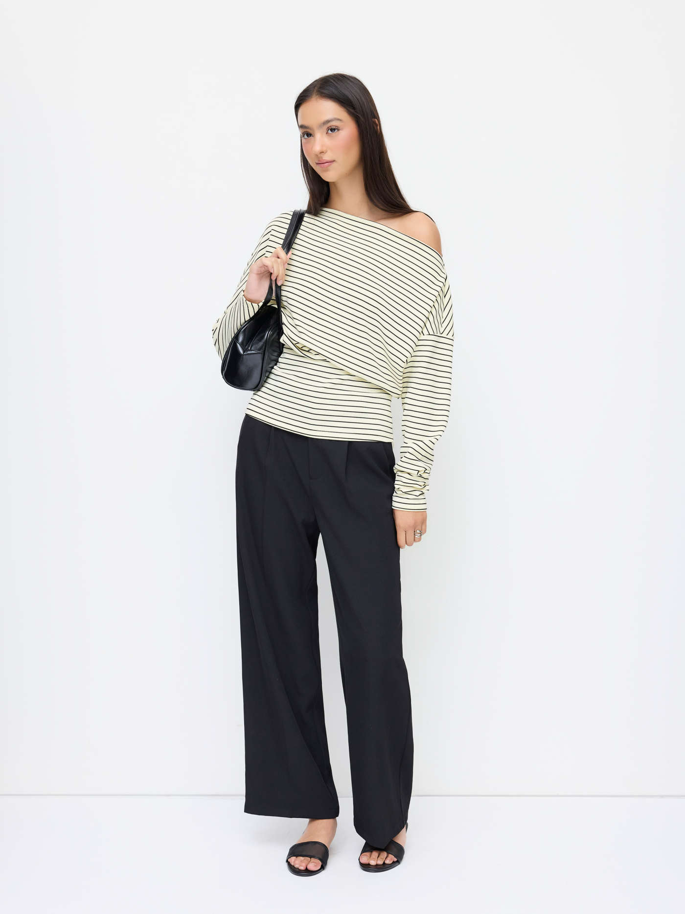 Knit Fabric Cotton-blend Stripe Boat Neck Long Sleeve Top For Daily Casual