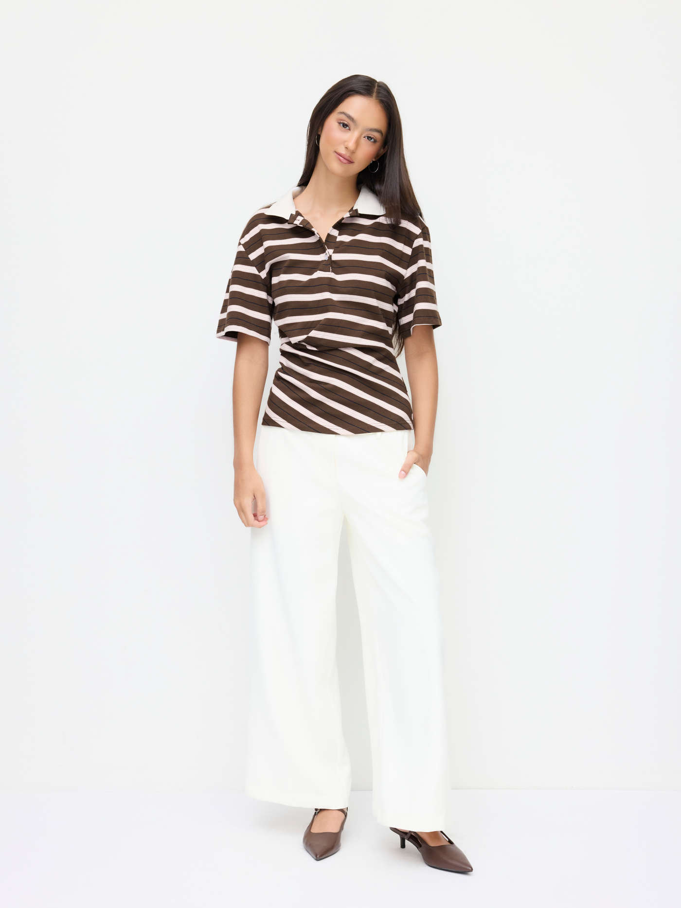 100% Cotton Striped Polo Neck Short Sleeve Ruched Top