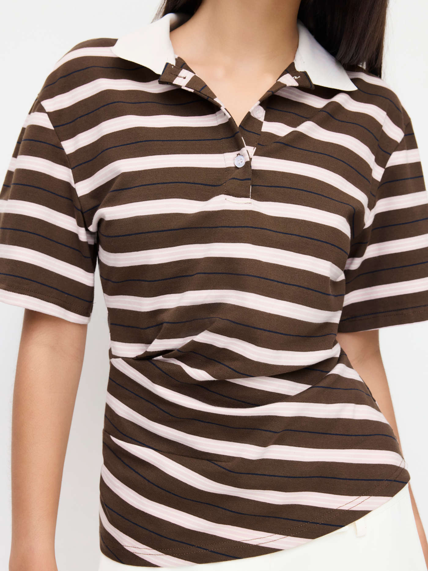 100% Cotton Striped Polo Neck Short Sleeve Ruched Top