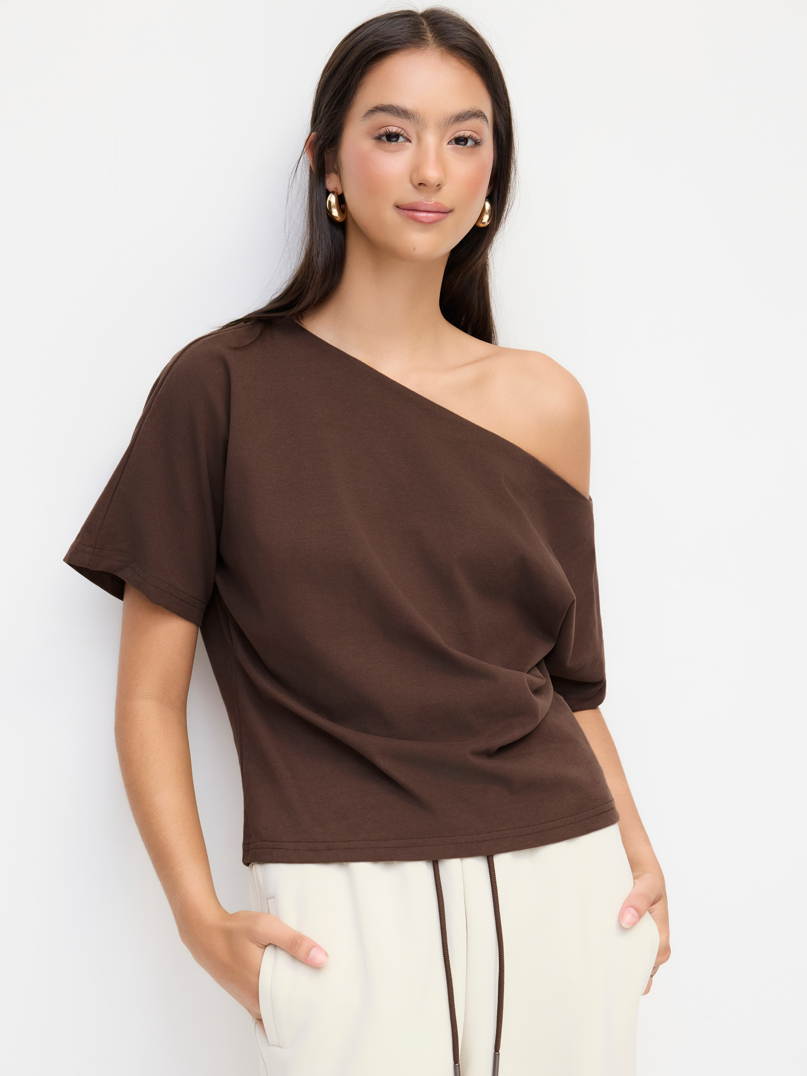 Cotton-blend Asymmetrical Neck Ruched Tee