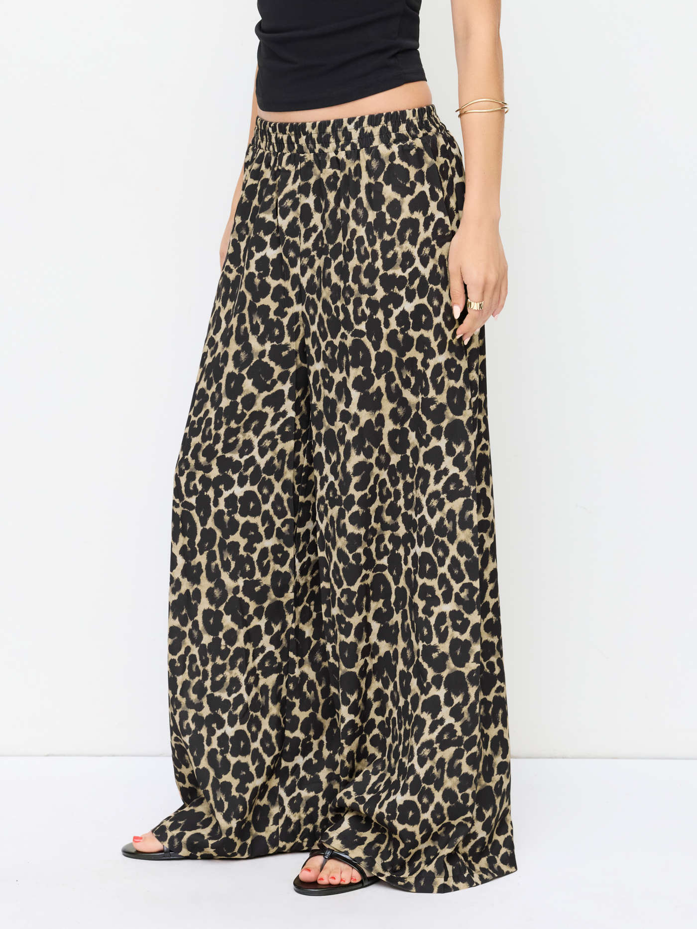 Mid Rise Elastic Waist Leopard Wide Leg Trousers