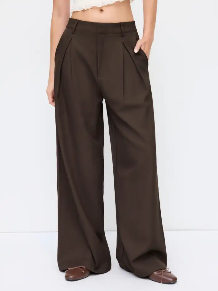 Mid Rise Stripe Pleated Wide Leg Trousers
