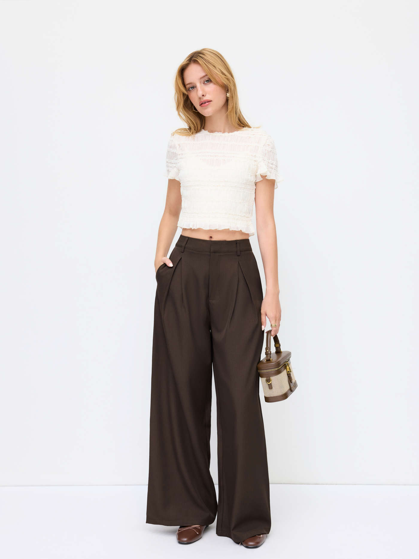 Woven Mid Rise Straight Leg Pleated Trouser  For Daily Casual Work