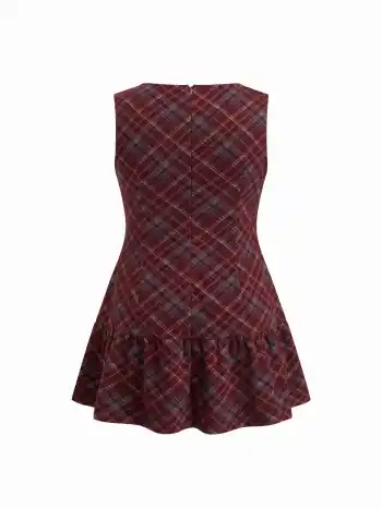 Vestito corto a quadri con orlo arricciato e scollo a barchetta in lana sintetica Curve & Plus