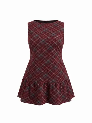 Vestito corto a quadri con orlo arricciato e scollo a barchetta in lana sintetica Curve & Plus