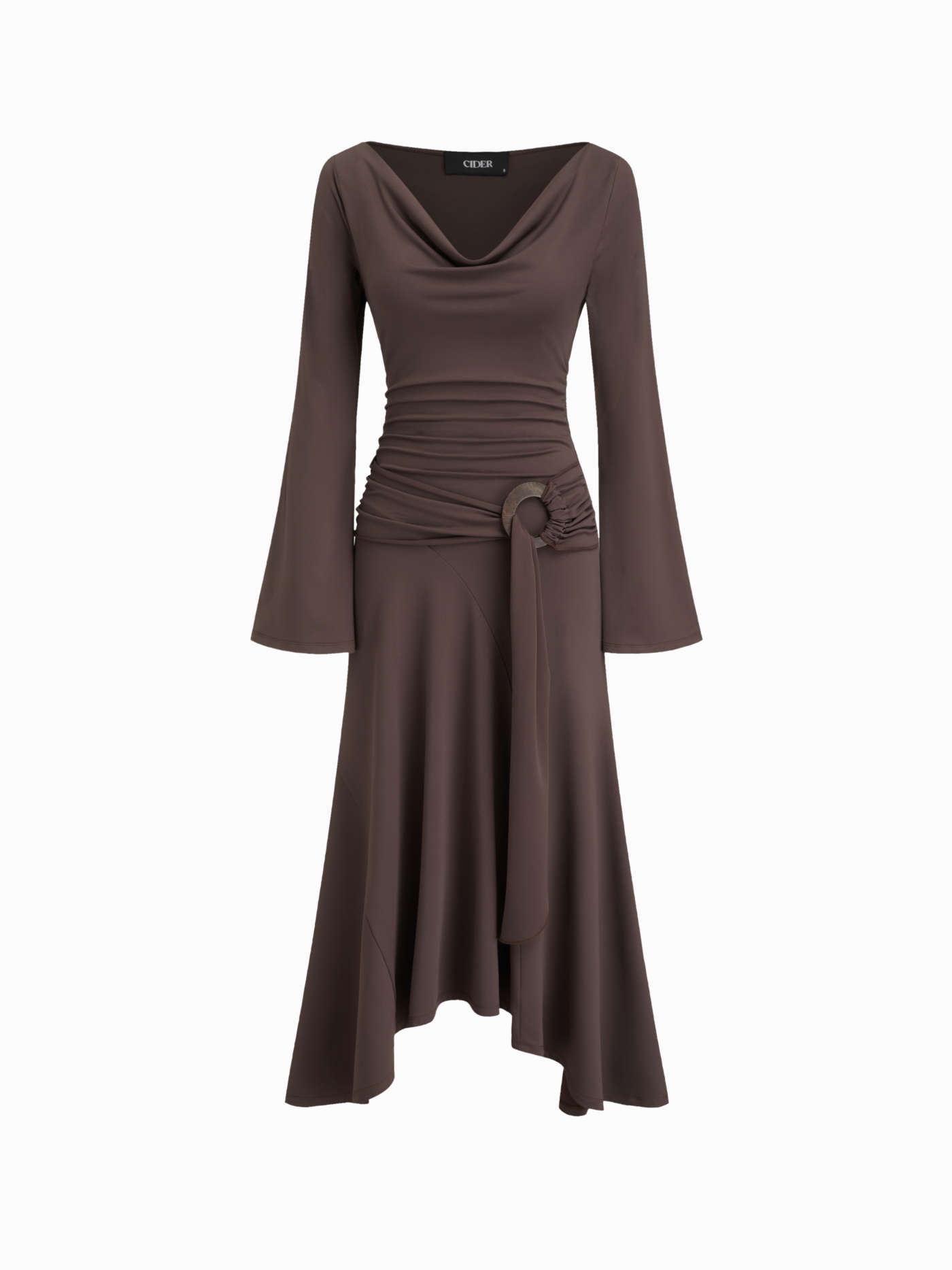 Cowl Neck Bell Sleeve O-Ring Ruched Ruffle Hem Midi Dress