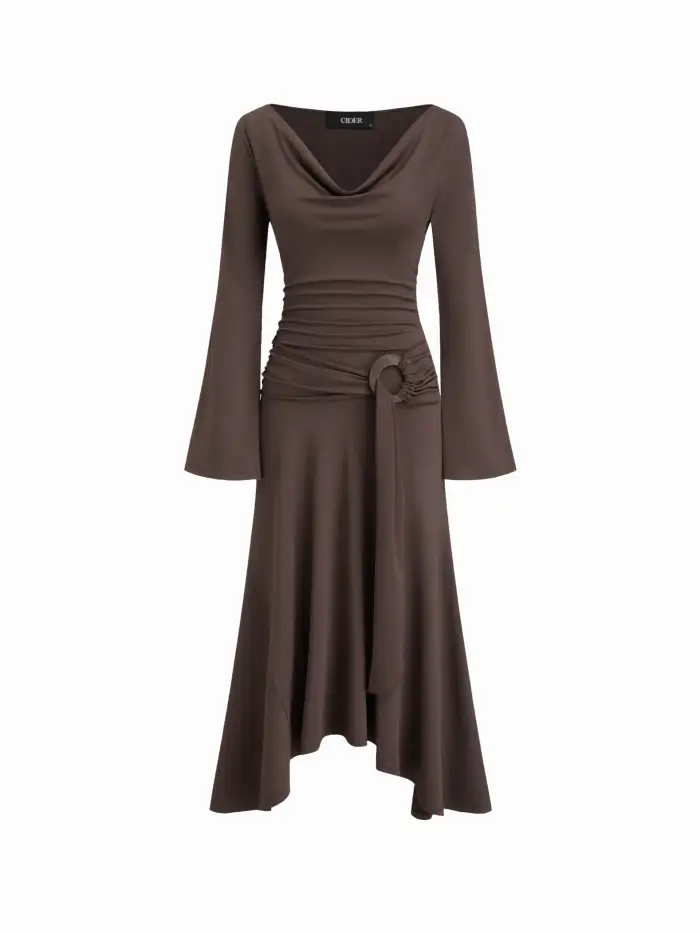 High Neck Solid Ruched Midi Dress