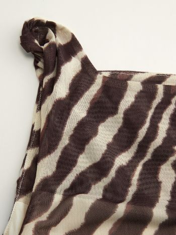 Mesh Zebra Striped Boat Neck Ruched Mini Dress