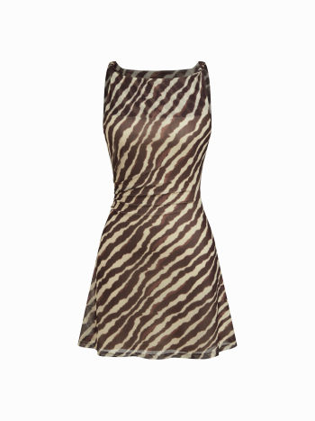 Mesh Zebra Striped Boat Neck Ruched Mini Dress