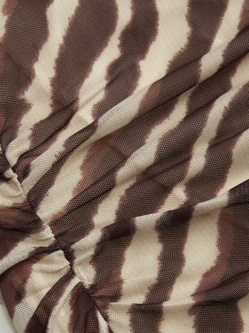 Mesh Zebra Striped Boat Neck Ruched Mini Dress