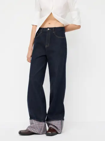 Cider Jeans in denim elasticizzato a vita media, motivo a quadri, orlo arrotolato e gamba dritta