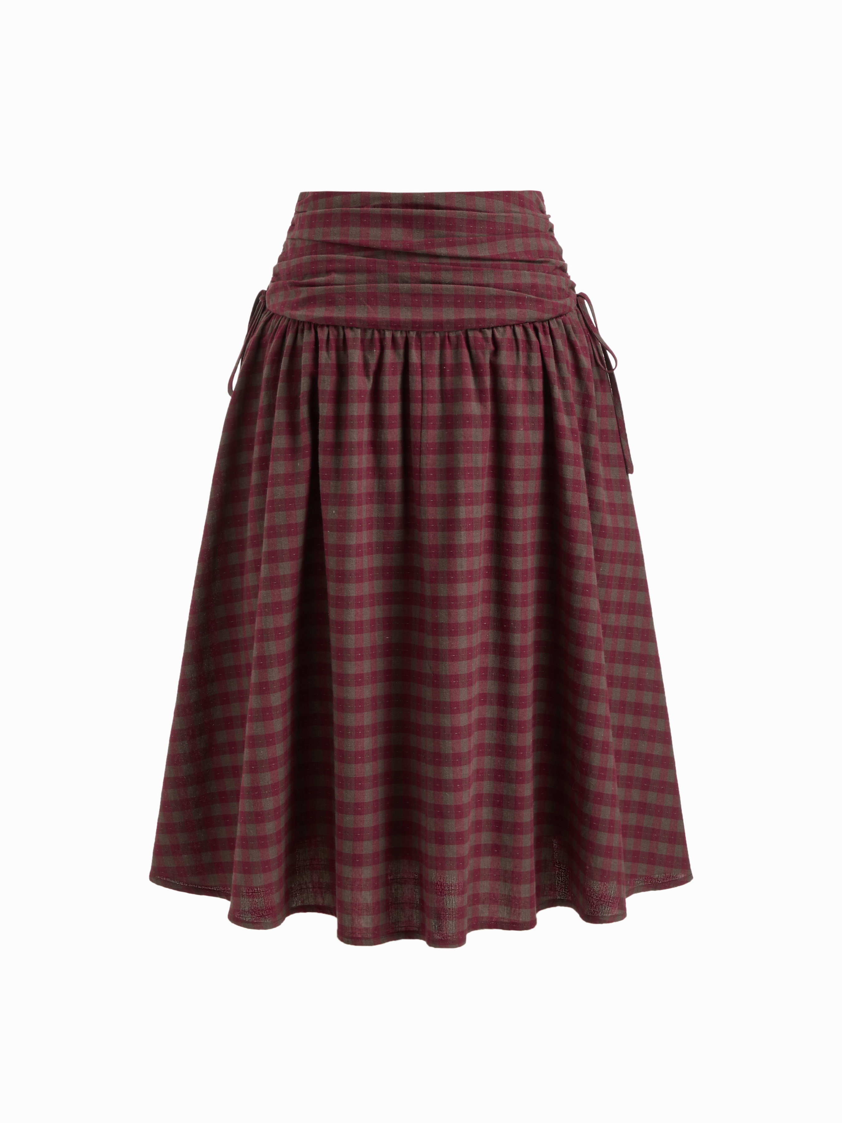 Cotton Mid Rise Plaid Bowknot Ruched Midi Skirt