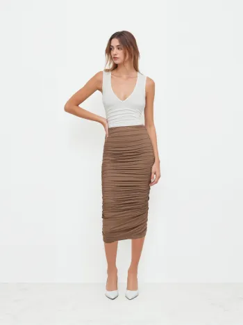 High Waist Ruched Midi Skirt