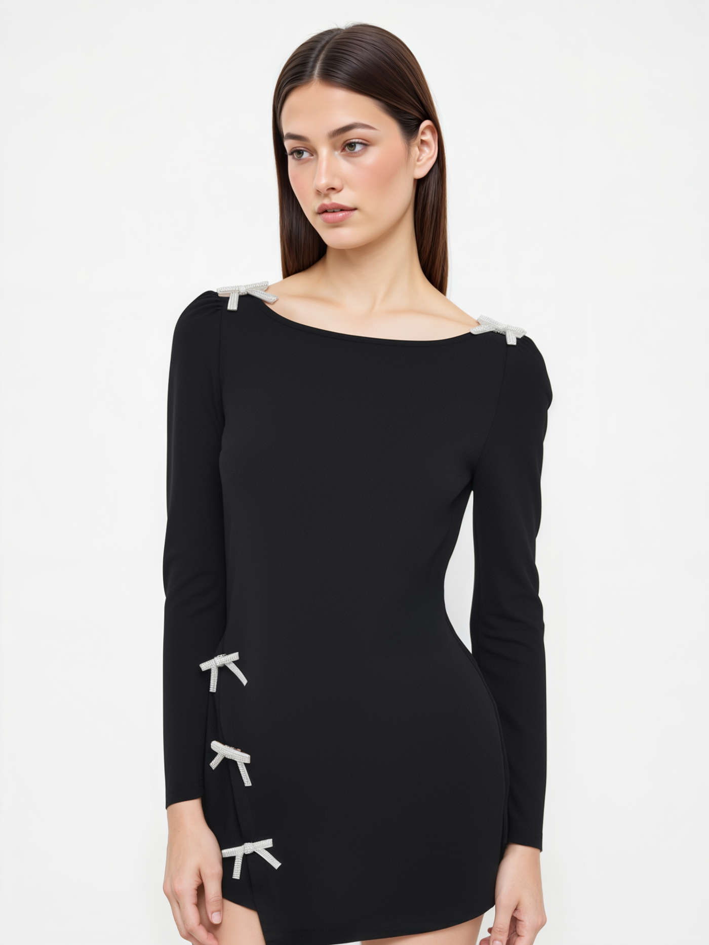 Round Neckline Solid Bowknot Mini Dress