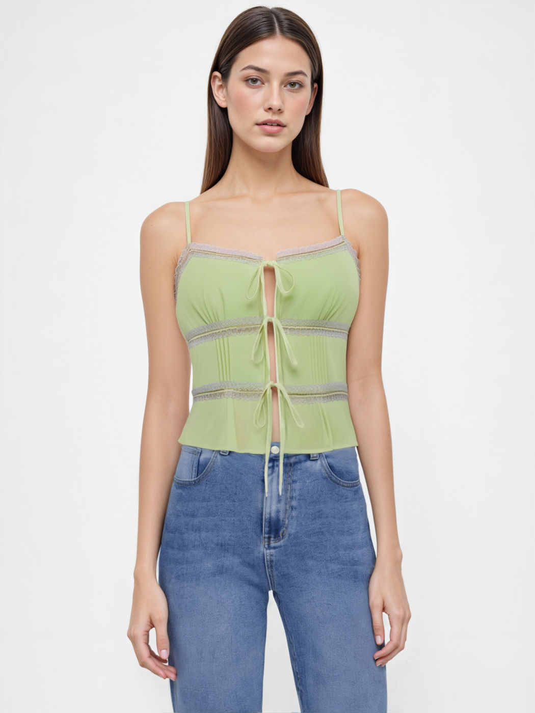 Top Cami Arricciato in Chiffon con Scollo a V, Fiocco Frontale e Bordo in Pizzo