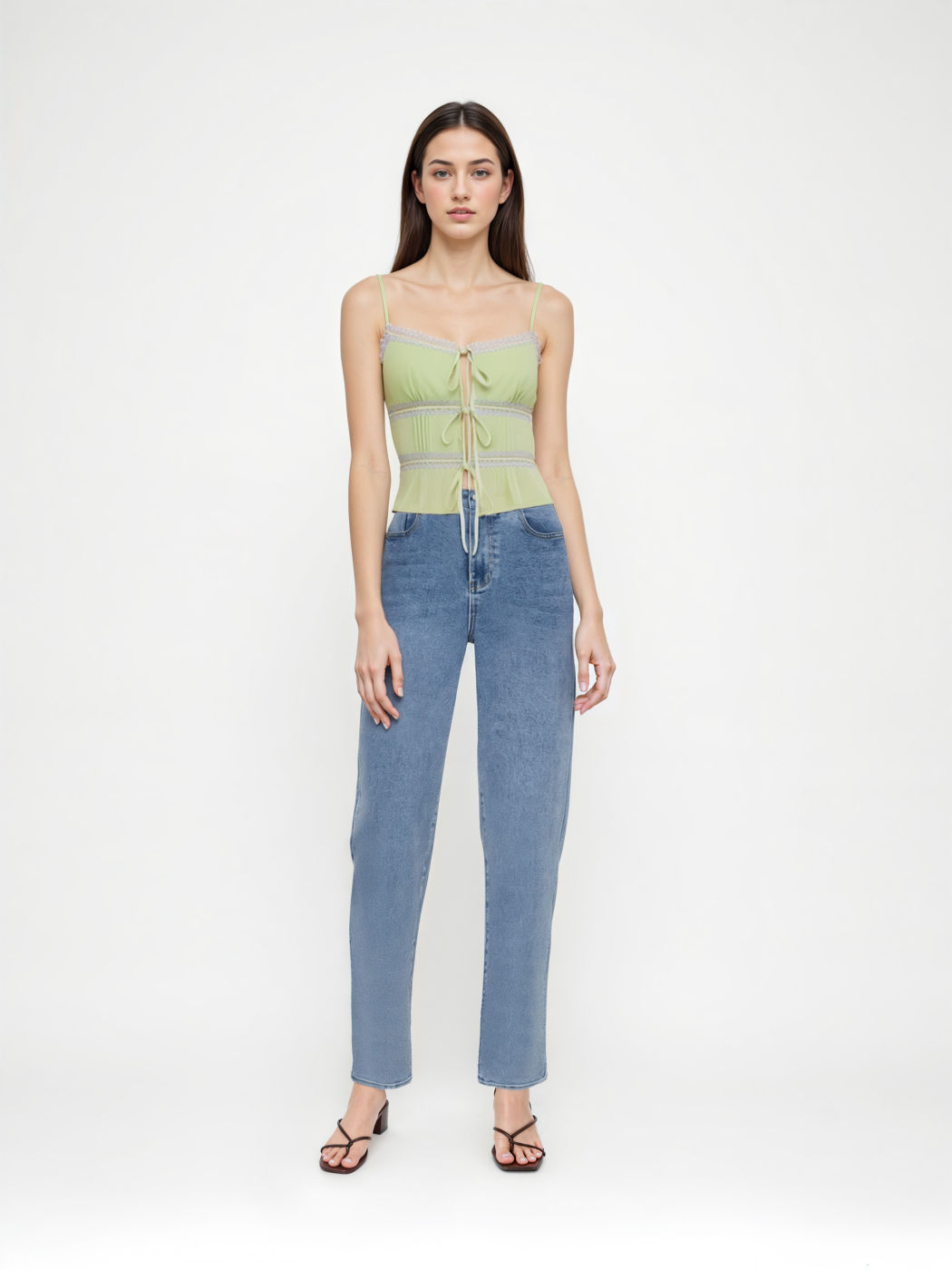 Top Cami Arricciato in Chiffon con Scollo a V, Fiocco Frontale e Bordo in Pizzo