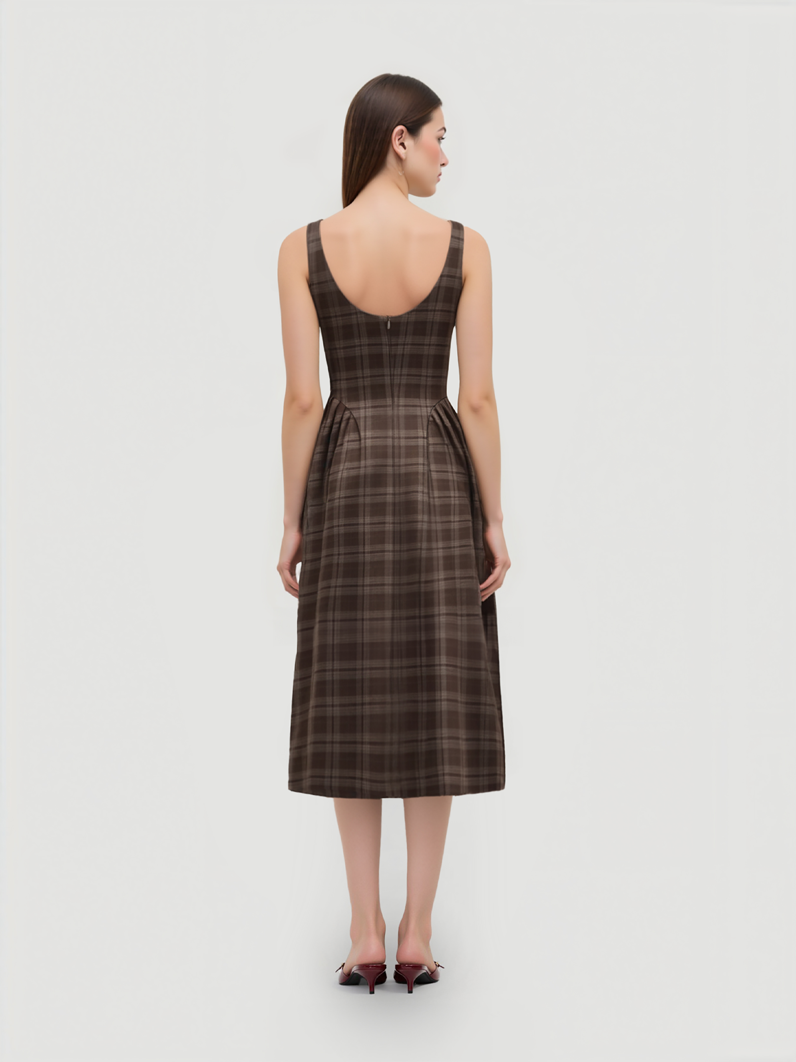 Square Neck Check Pleated Zipper Maxi Dress