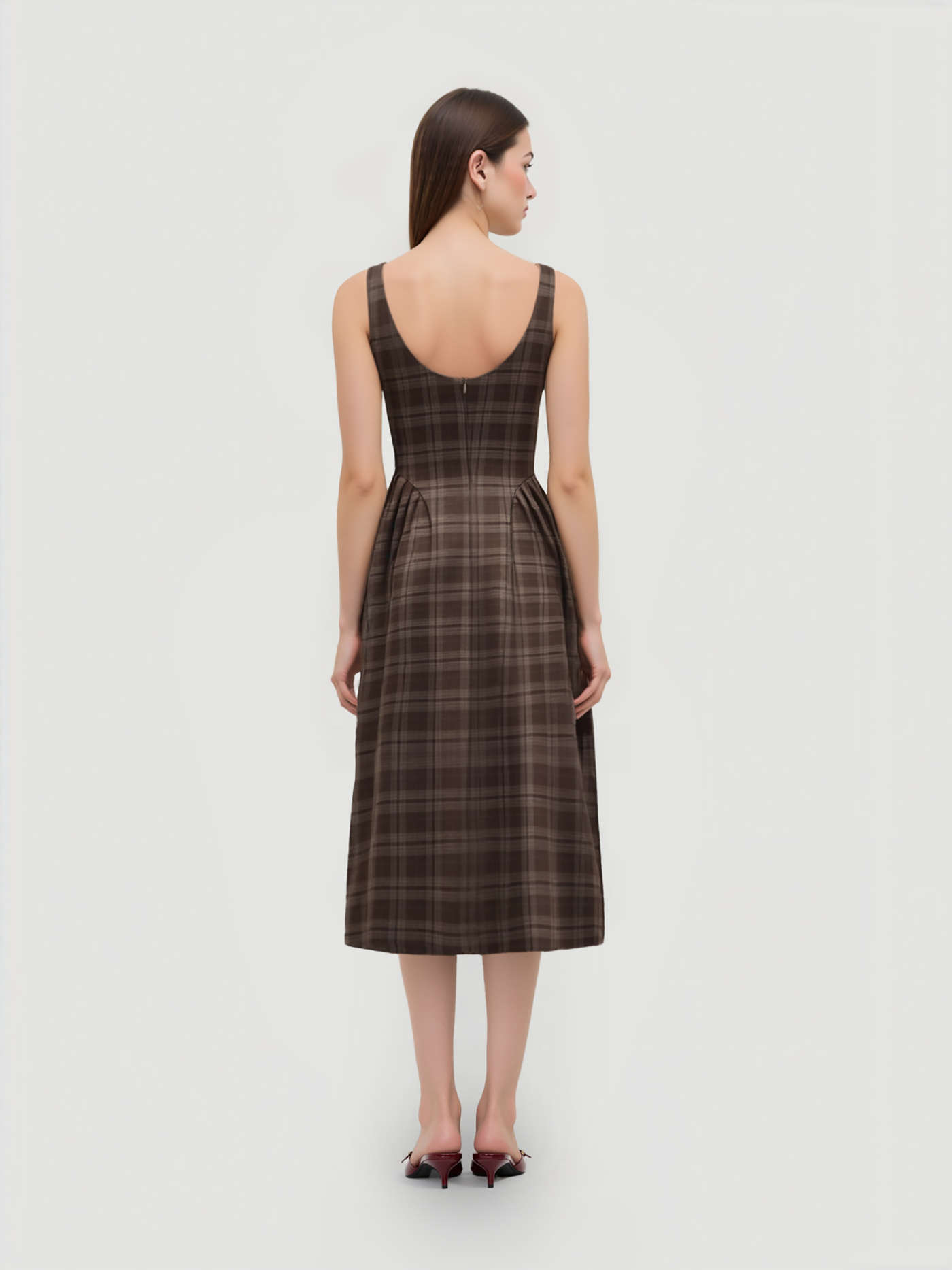 Square Neck Check Pleated Zipper Maxi Dress