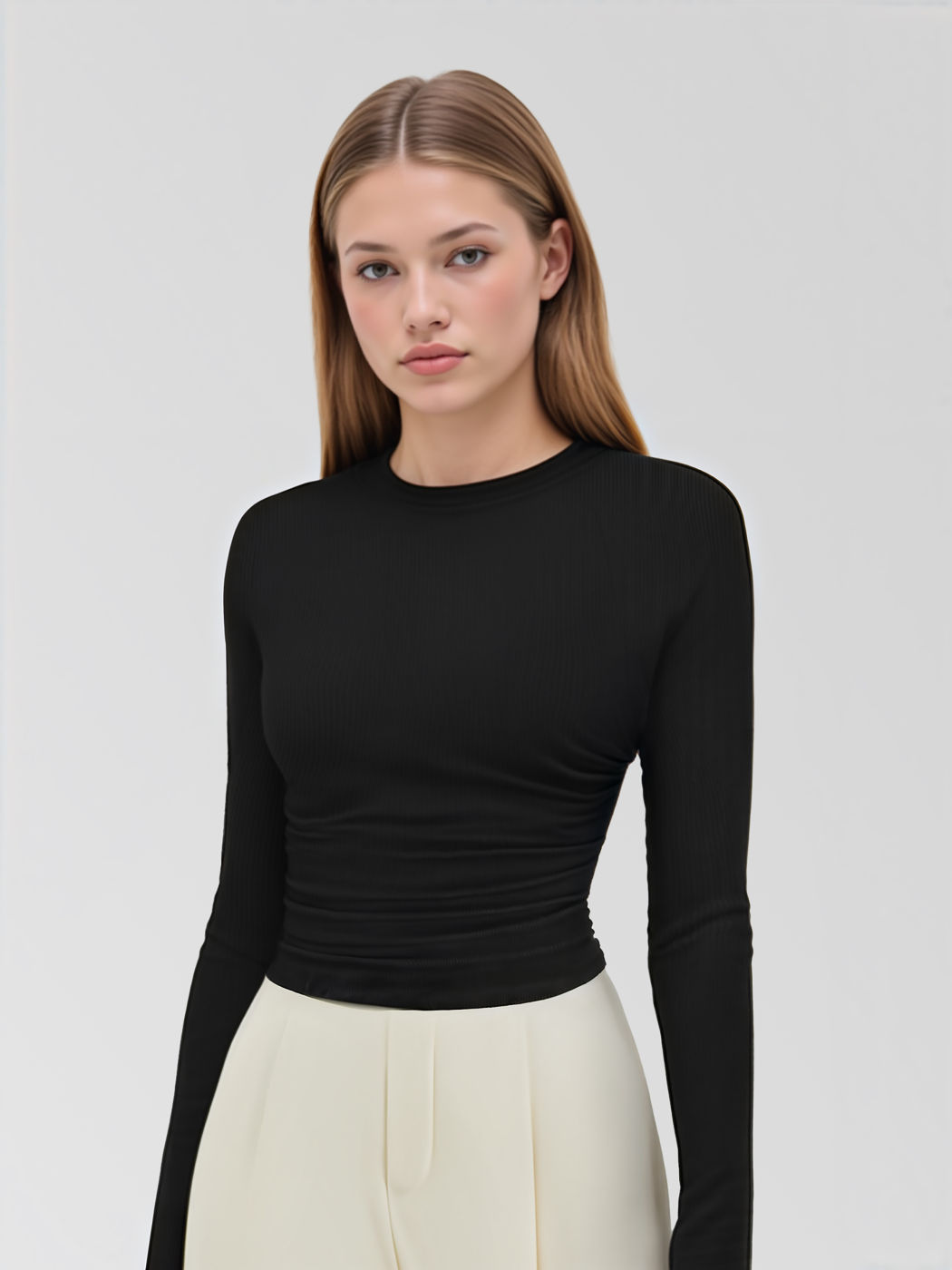  Einfarbiges Jersey Rundhalsausschnitt Gerafftes Langarm Crop Tee