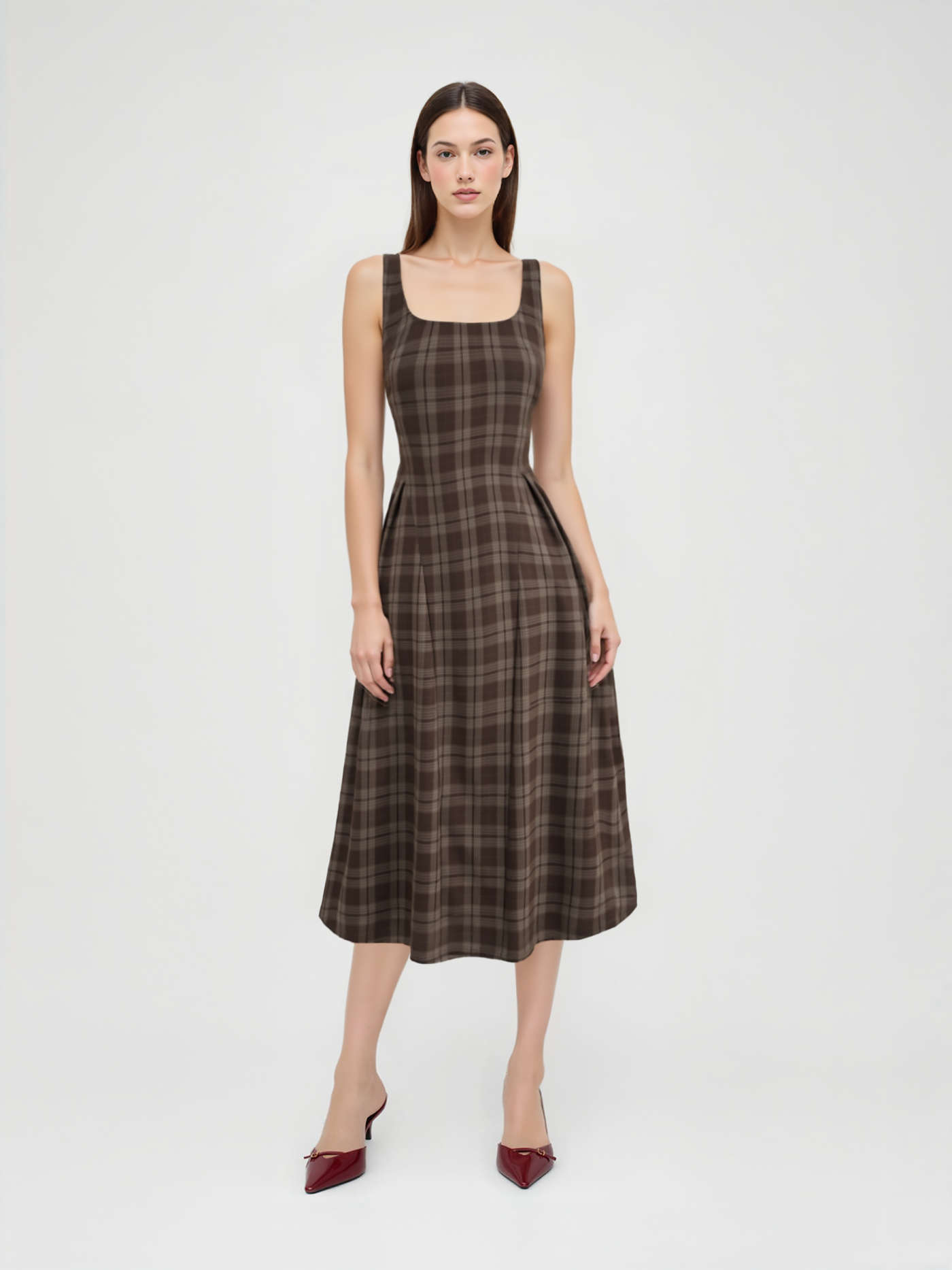 Cotton Plaid Square Neck Contrasting Lace Tiered Ruffle Maxi Slip Dress