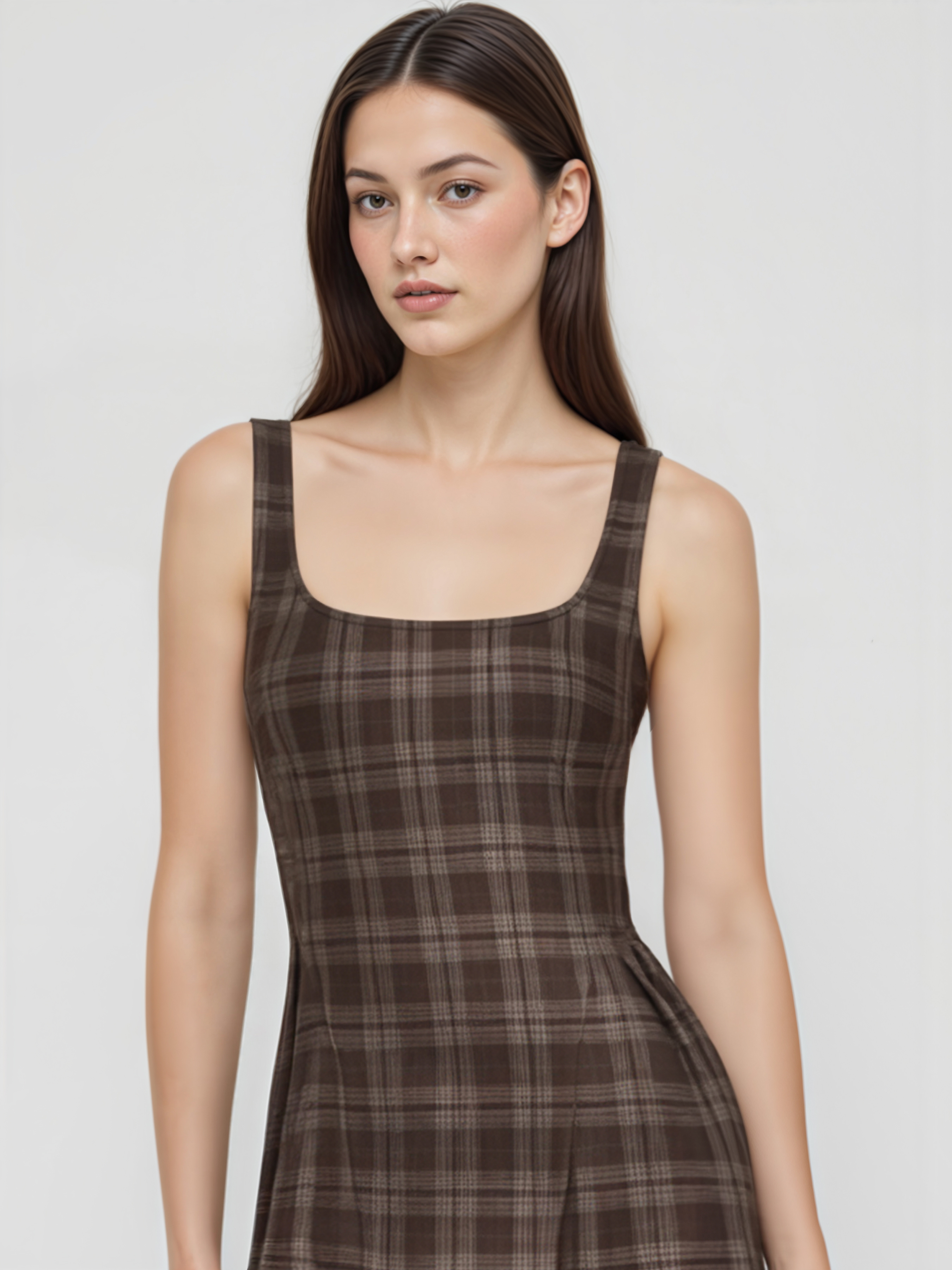 Square Neck Check Pleated Zipper Maxi Dress
