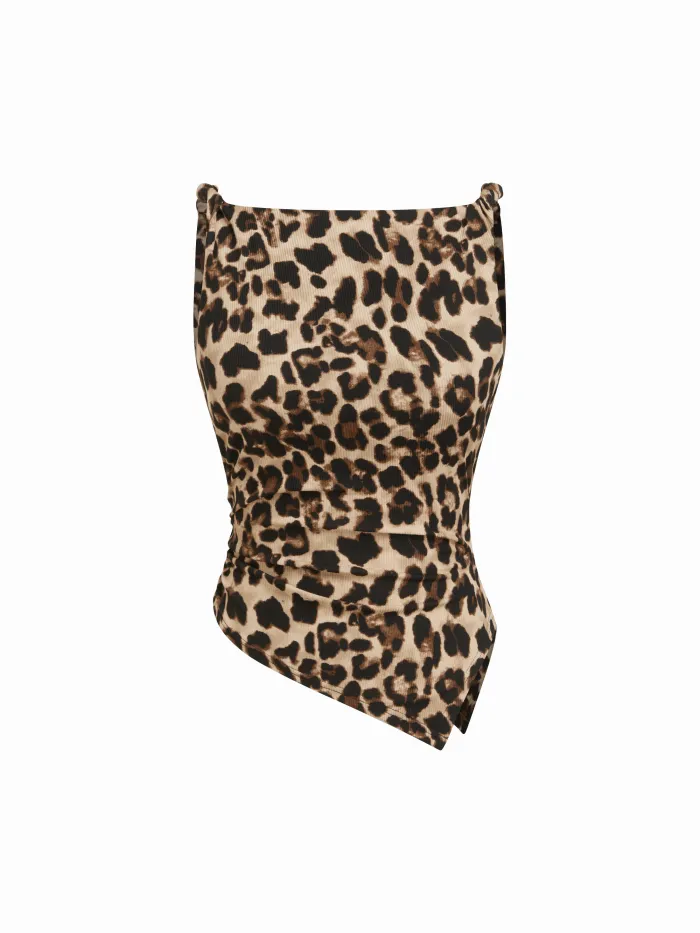 Mesh Zebra Striped Asymmetrical Neck Ruched Top
