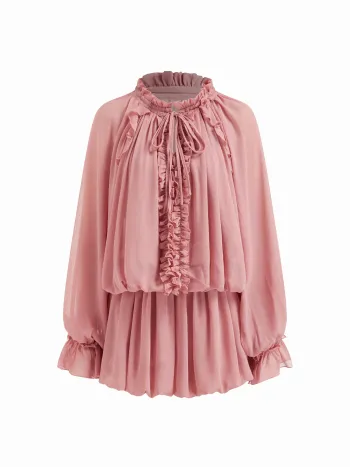 Chiffon Mini-Kleid mit hohem Kragen, Salatrand und geknoteten Spitzen