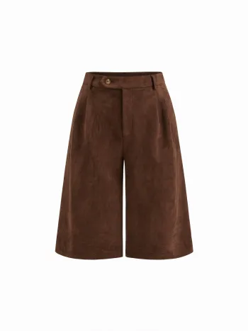 Suede Low Rise Pleated Bermuda Shorts