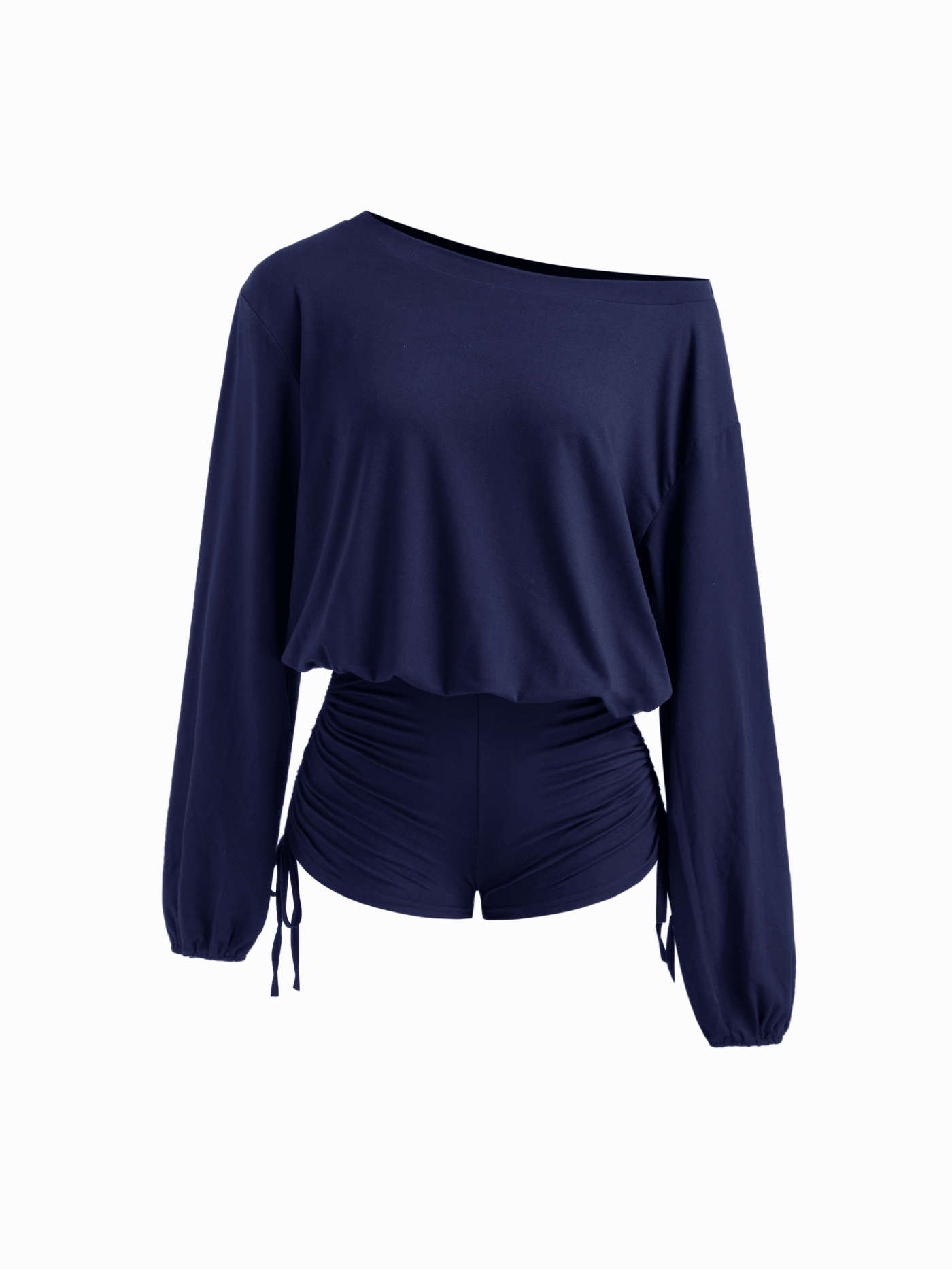 Knit Fabric Asymmetrical Neck Drawstring Romper For Daily Casual
