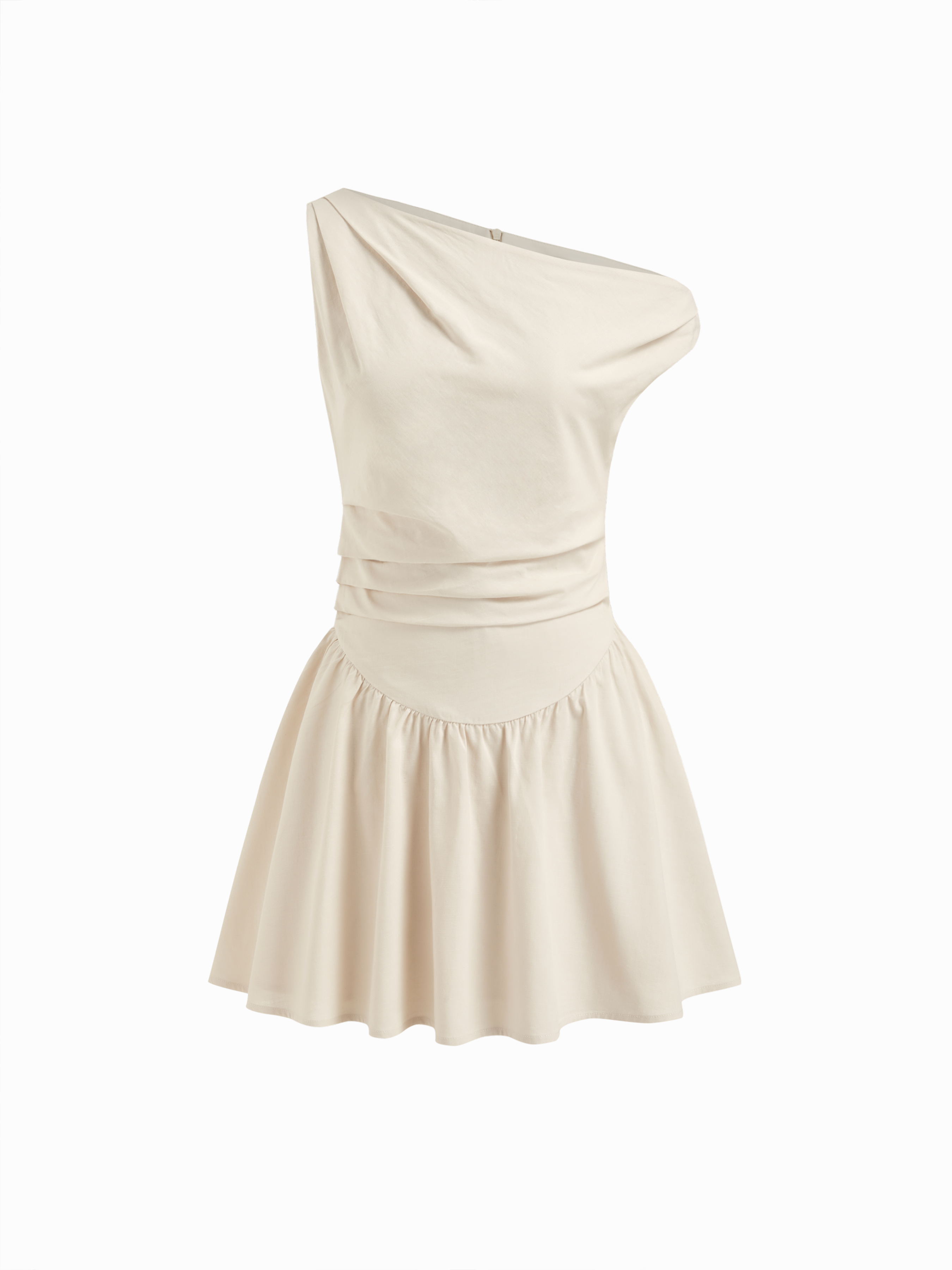 Woven Cotton-blend Asymmetrical Neck Ruched Ruffle Mini Dress For Daily ...