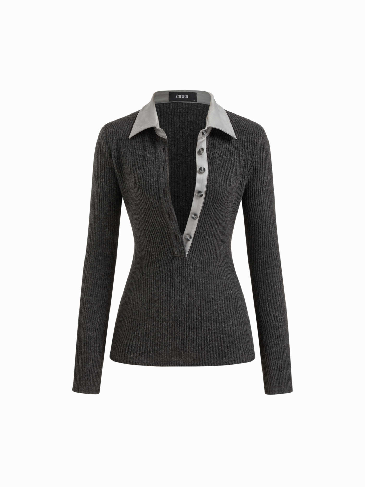 Two Tone Collar Long Sleeve Button Top
