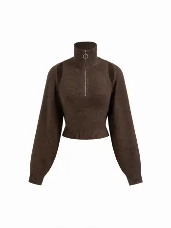 Zwei-Piece-Strickkragen-Halbzip-Brusthaltetop & Crop Shrug