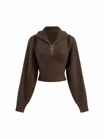 Zwei-Piece-Strickkragen-Halbzip-Brusthaltetop & Crop Shrug