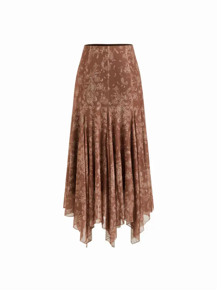 Mesh Mid Rise Abstract Graphic Floral Asymmetrical Hem Maxi Skirt