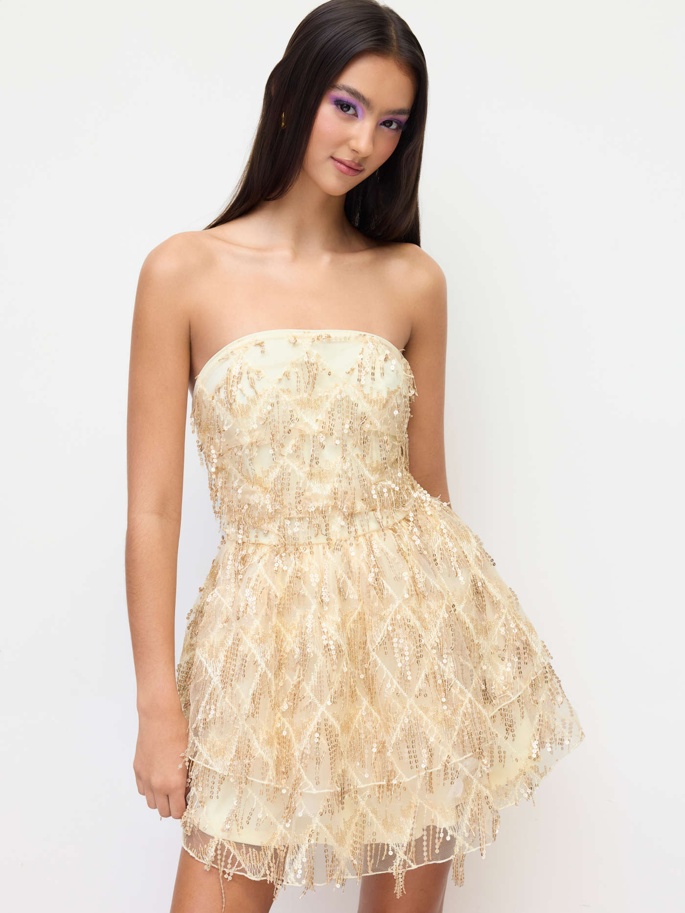 Sequin Bandeau Ruffle Layered Mini Dress