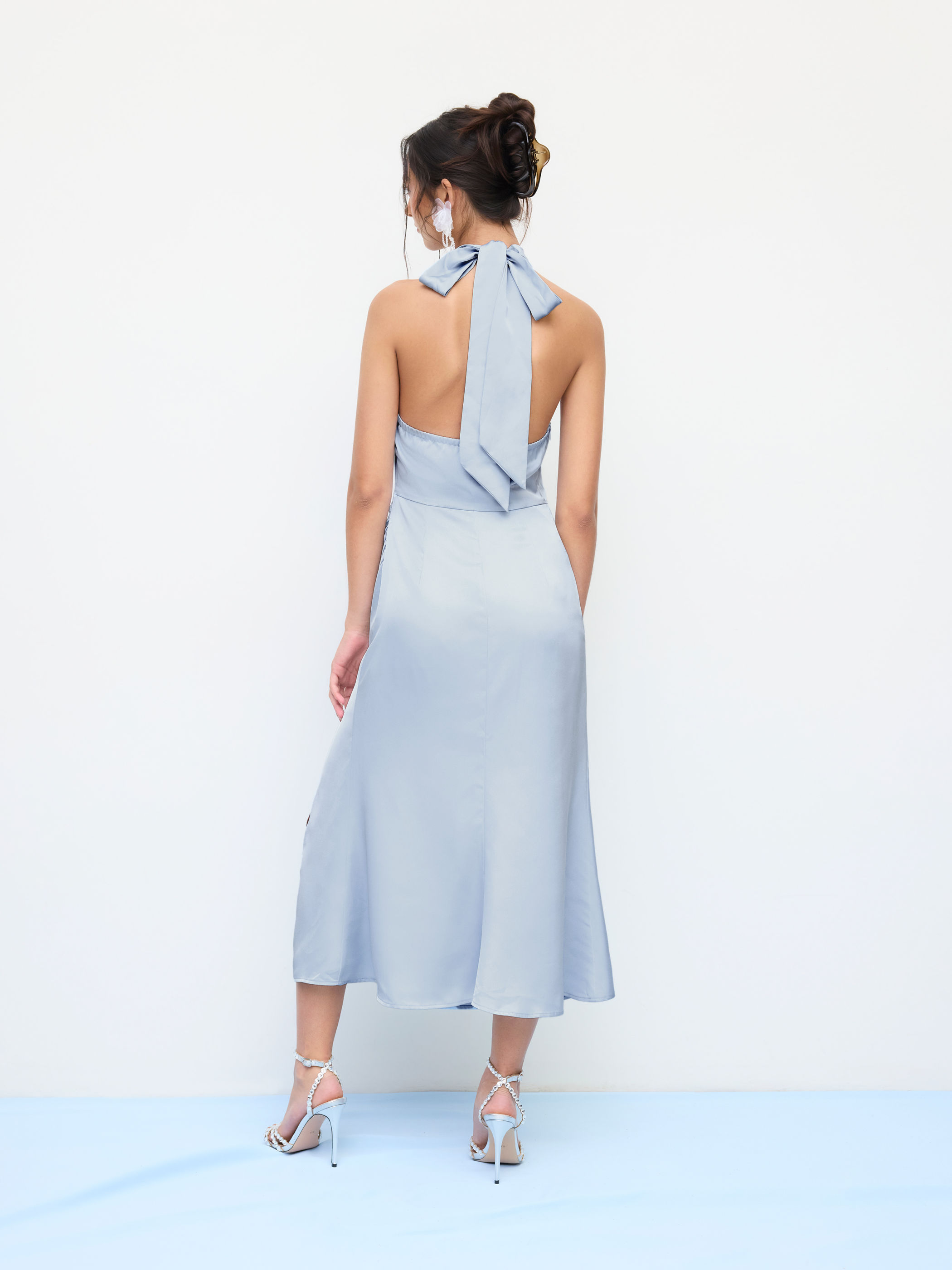 Satin Halter Neckline Split Knotted Maxi Dress