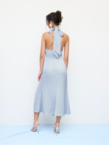 Satin Halter Neckline Split Knotted Maxi Dress