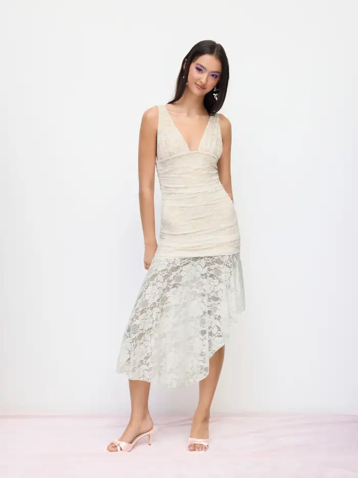 Satin Halter Neckline Lace Trim Knotted Ruched Split Maxi Dress