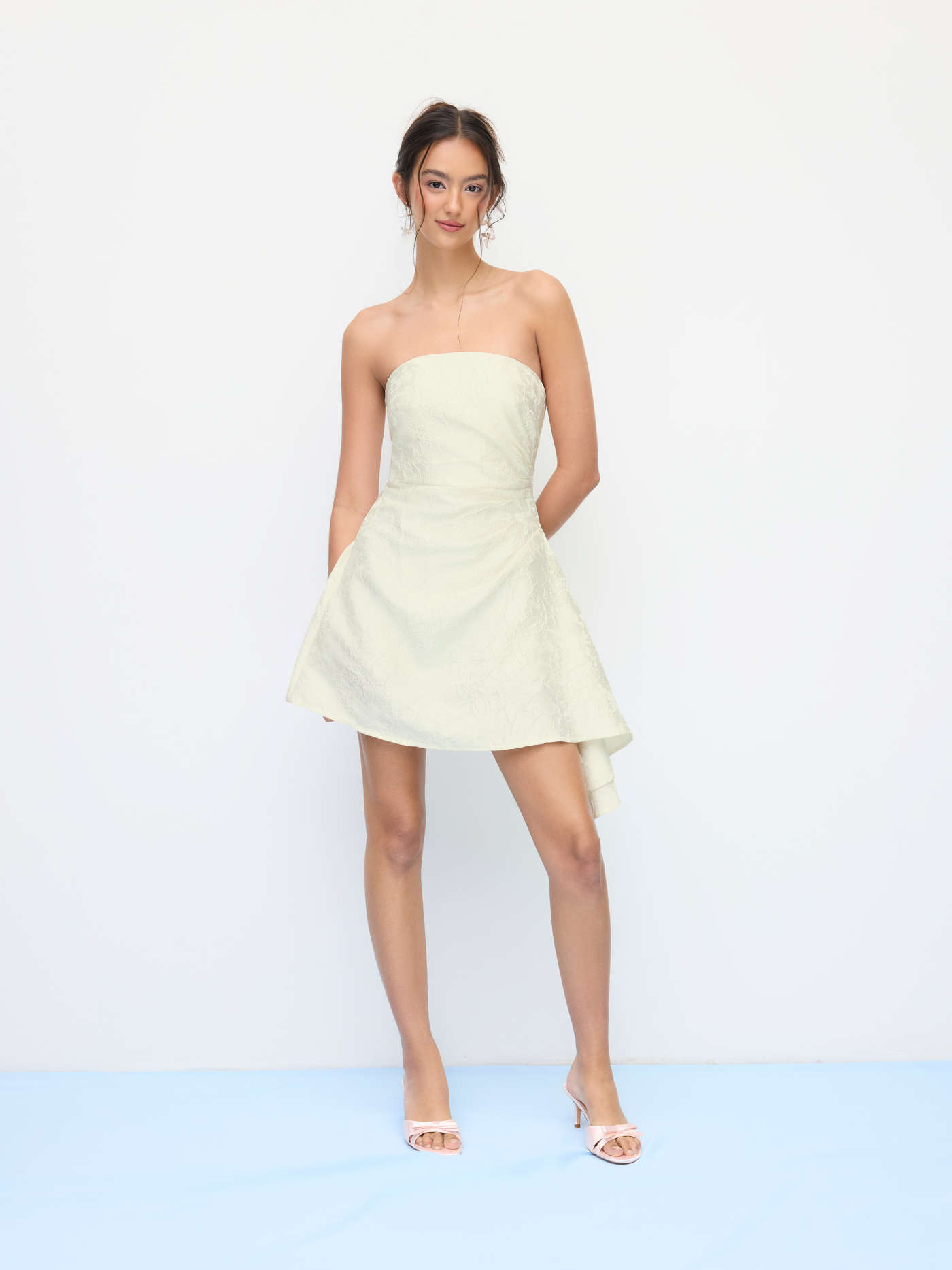Jacquard Floral Draped Lace Up Mini Bandeau Dress