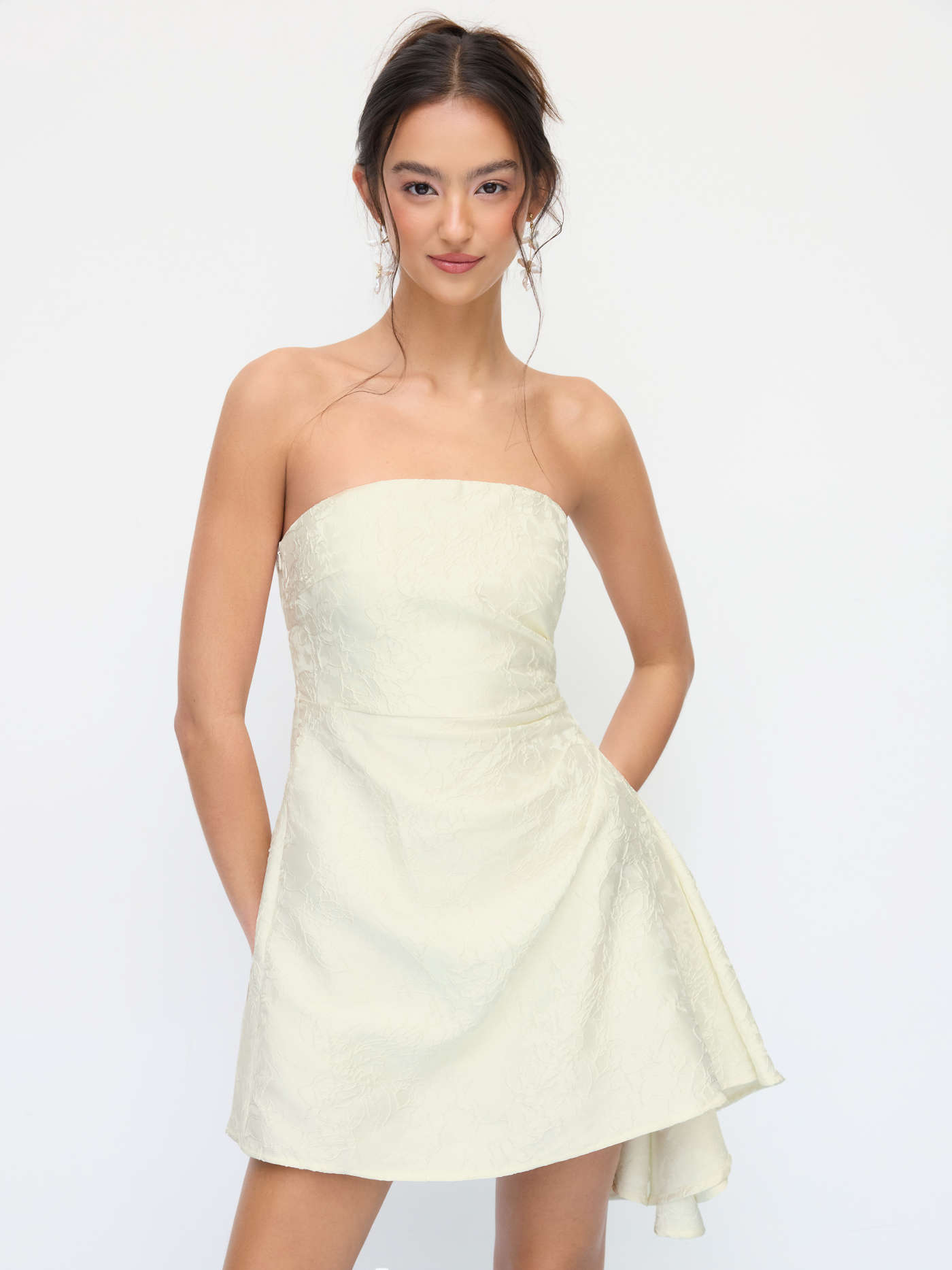 Jacquard Floral Draped Lace Up Mini Bandeau Dress