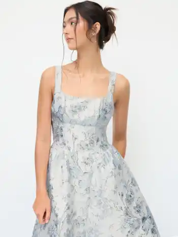 Jacquard-Midi-Dress mit quadratischem Halsrand und floralen Schleifen