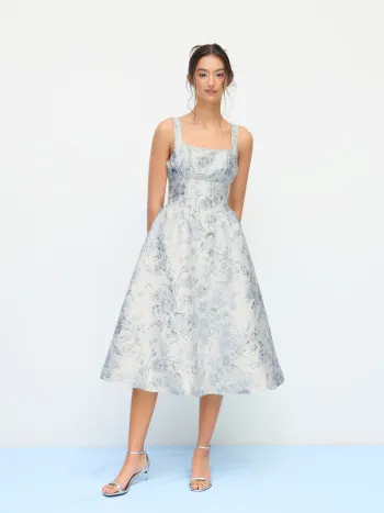 Jacquard-Midi-Dress mit quadratischem Halsrand und floralen Schleifen
