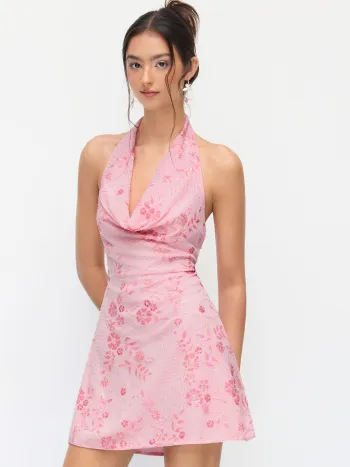 Sequinedecktes Blumenperlen-Halter-Akzent-Mini-Kleid