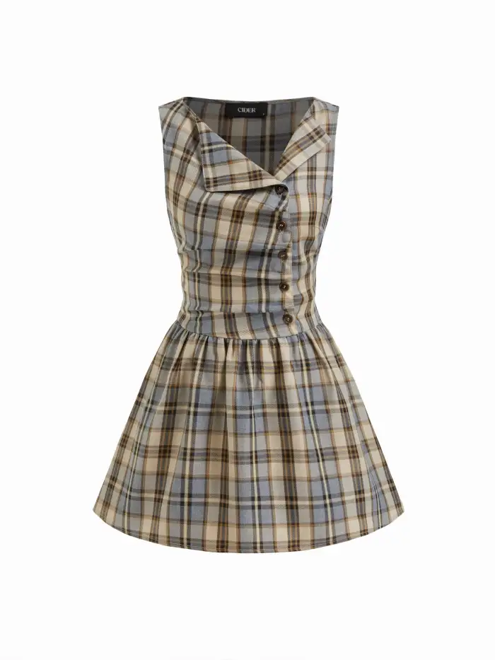 100% Cotton Peter Pan Collar Plaid Lace Trim Puff Sleeve Knotted Mini Dress