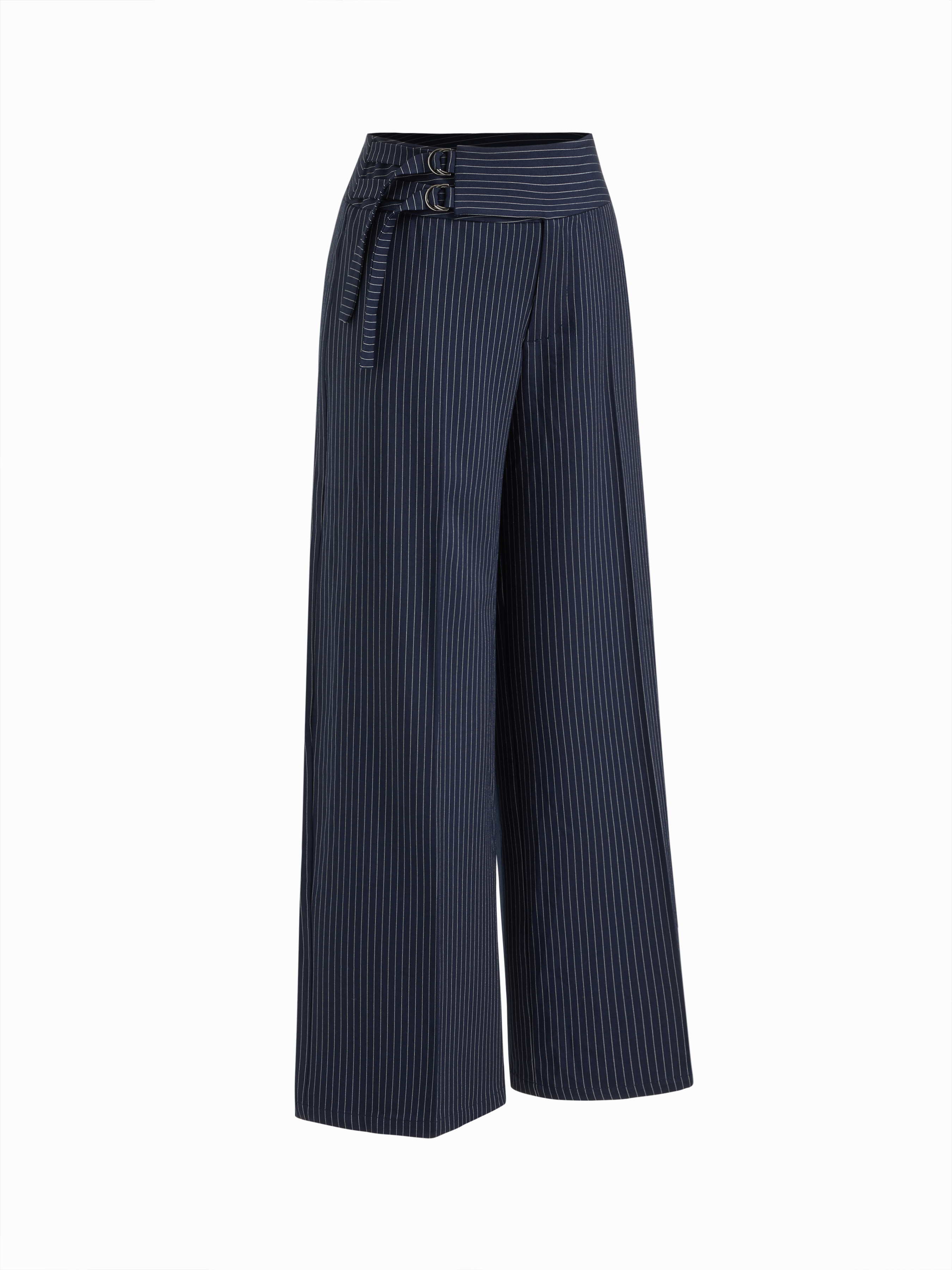 Woven Striped Low Rise Buckle Wide Leg Trousers For Daily Casual