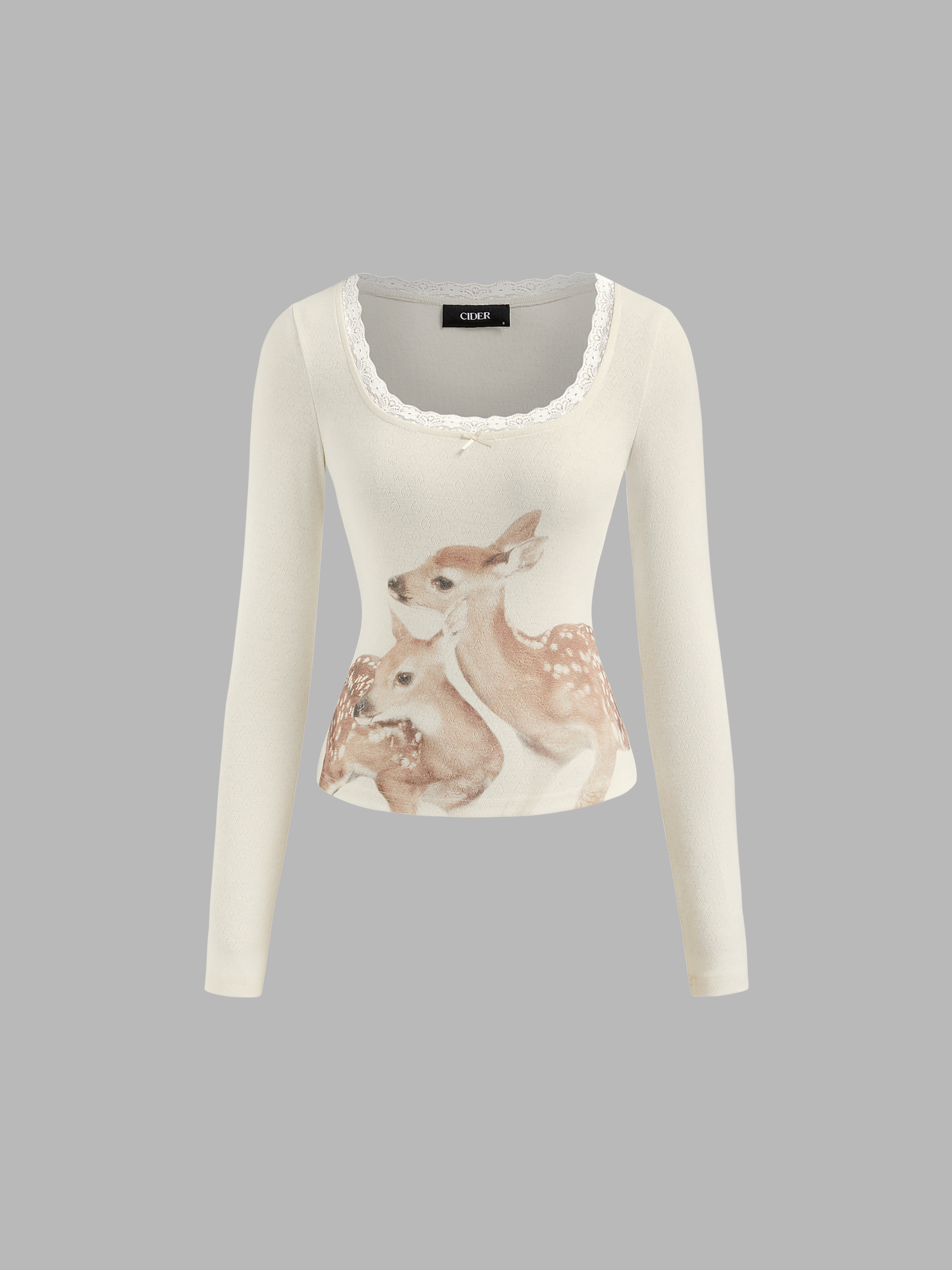 Knit Fabric Deer Graphic Bowknot Lace Trim Cami Top For