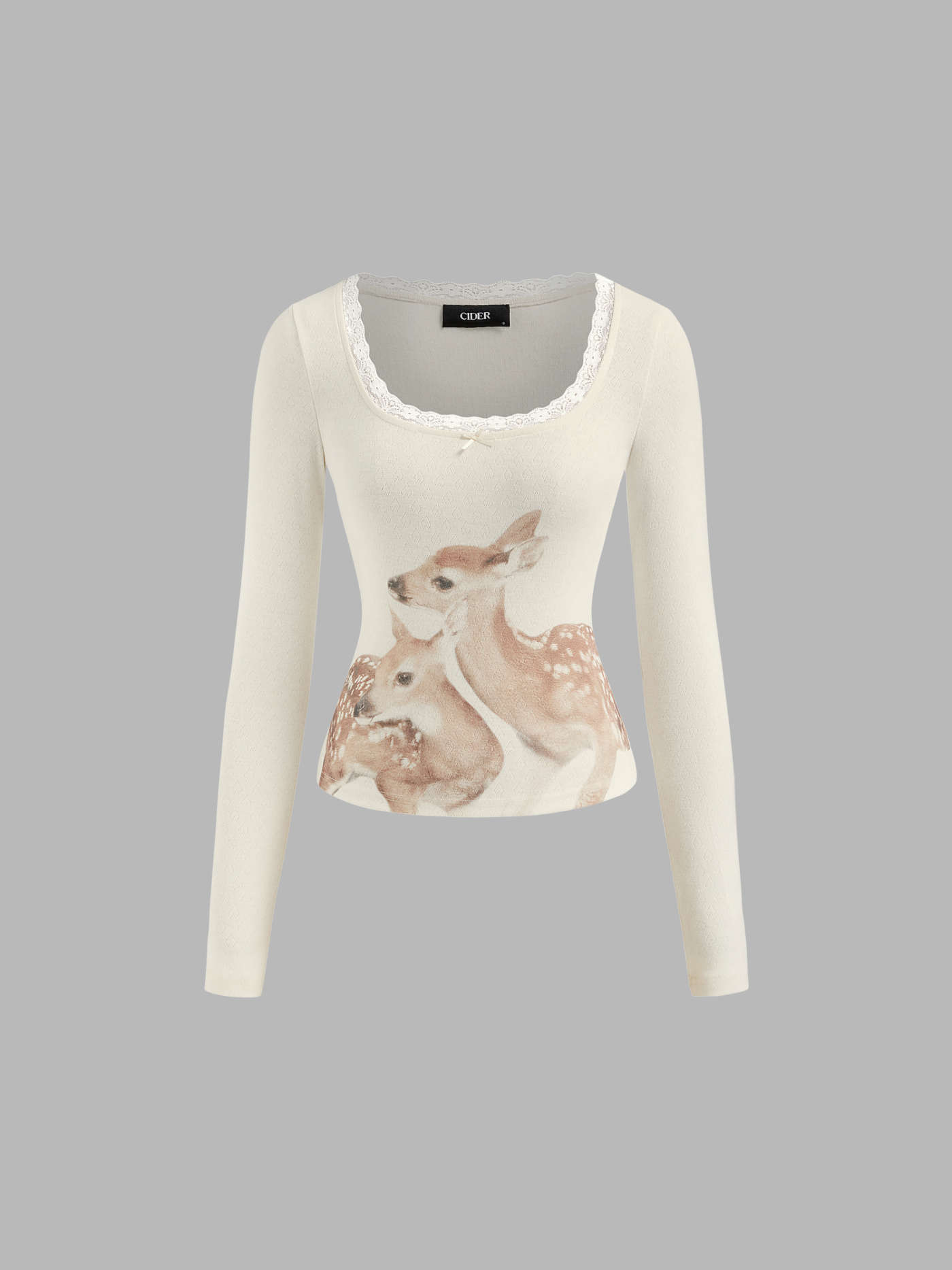 Deer Graphic Scoop Neckline Long Sleeve Lace Trim Bowknot Tee