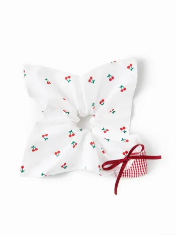 CHERRY & BOWKNOT SQUARE HAIR SCRUNCHIE