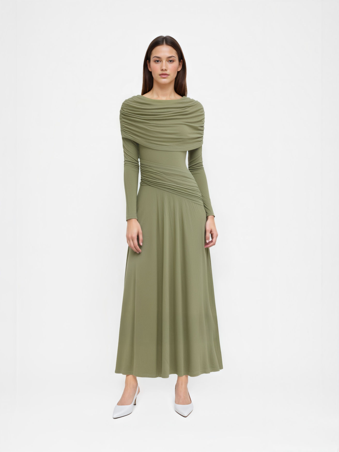 Boat Neck Long Sleeve Ruched Maxi Dress