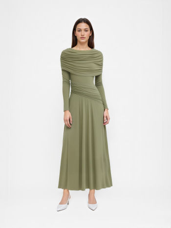 Boat Neck Long Sleeve Ruched Maxi Dress